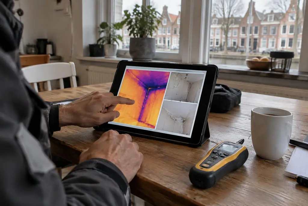 Lekdetectie Lisse – lekdetectierapport met warmtebeelden en foto's op een tablet