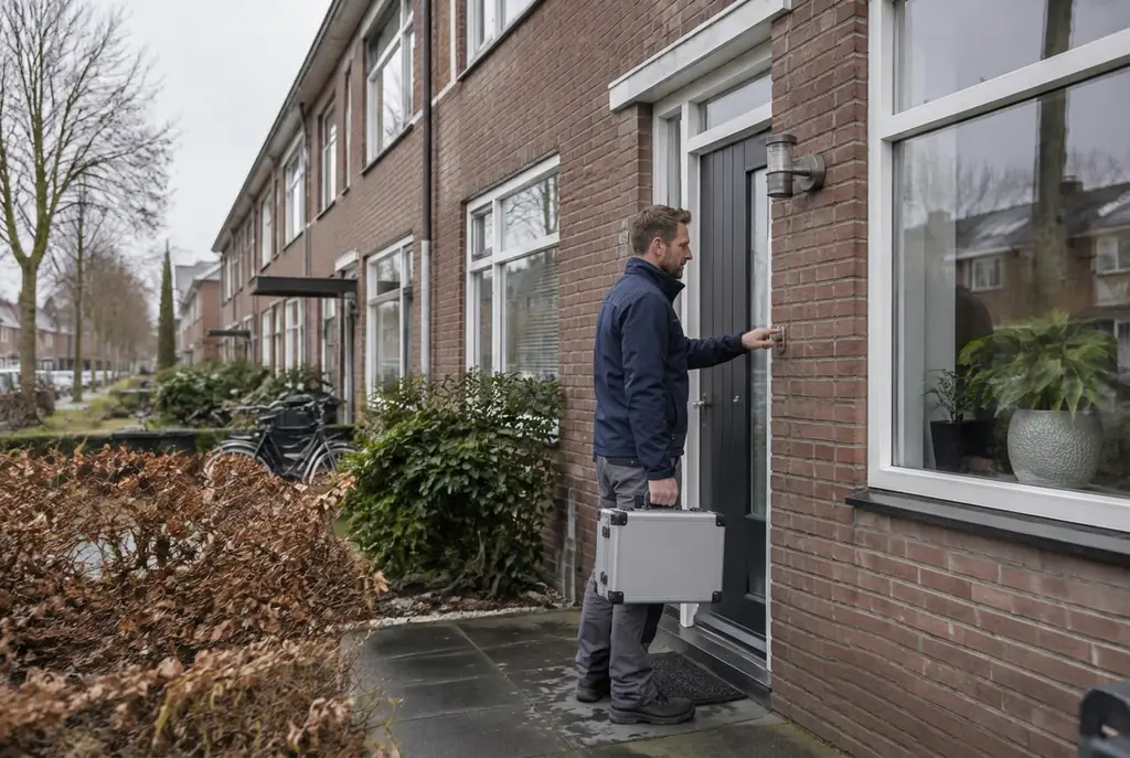 Lekdetectiespecialist met meetkoffer bij de voordeur van een woning in Lisse